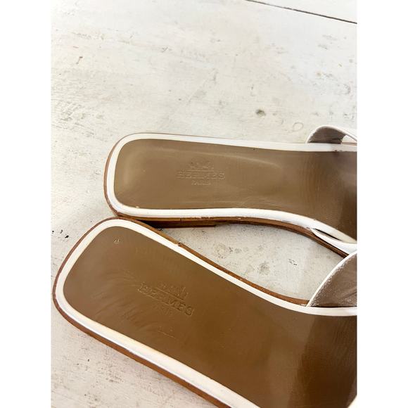 Hermès Leather Oran Slip On Open Toe Flat Slides Sandals White Women's 40.5 / 10 - Picture 8 of 11